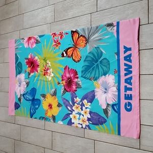 Silver One Beach Towel featuring Tropical Flowers and Butterflies